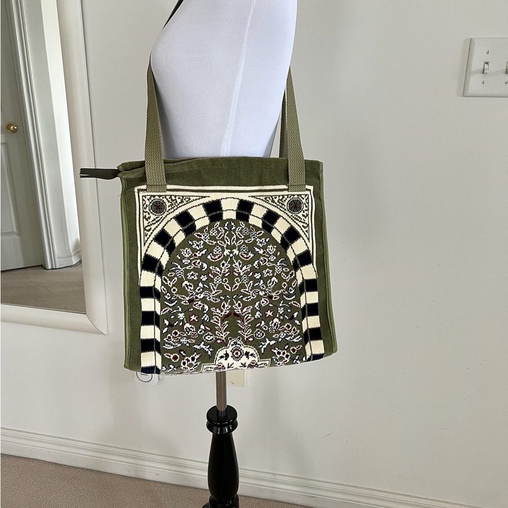 Olive Green velvet Tapestry Front Tote Bag